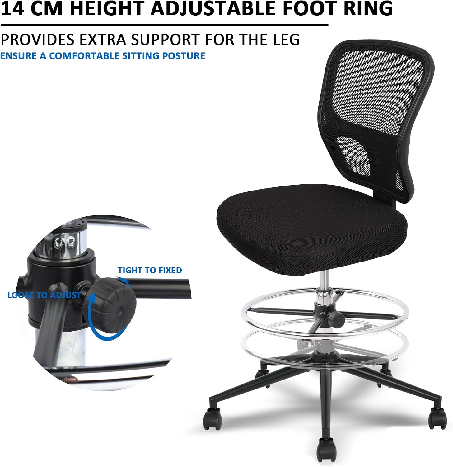 Thumbnail 4 de Armless Drafting Chair Tall Office Chair with Adjustable Height, High Back, Foot Rest, and Rolling Wheels