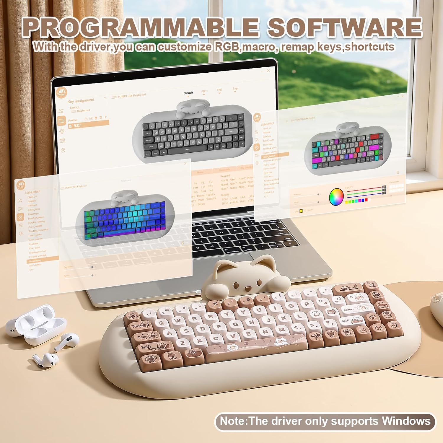 Thumbnail 6 de YUNZII C68 Wireless Mechanical Keyboard — 65% Layout, Cat Silicone Design, Brown Milk Switch