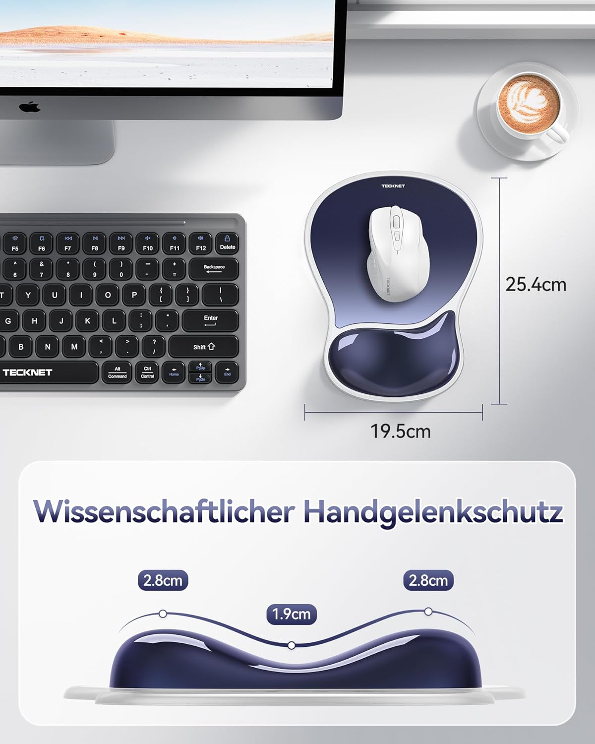 Detalle de TECKNET Mauspad mit Gel-Handgelenkauflage – Ergonomisch, wasserdicht, rutschfest (Dunkelblau)