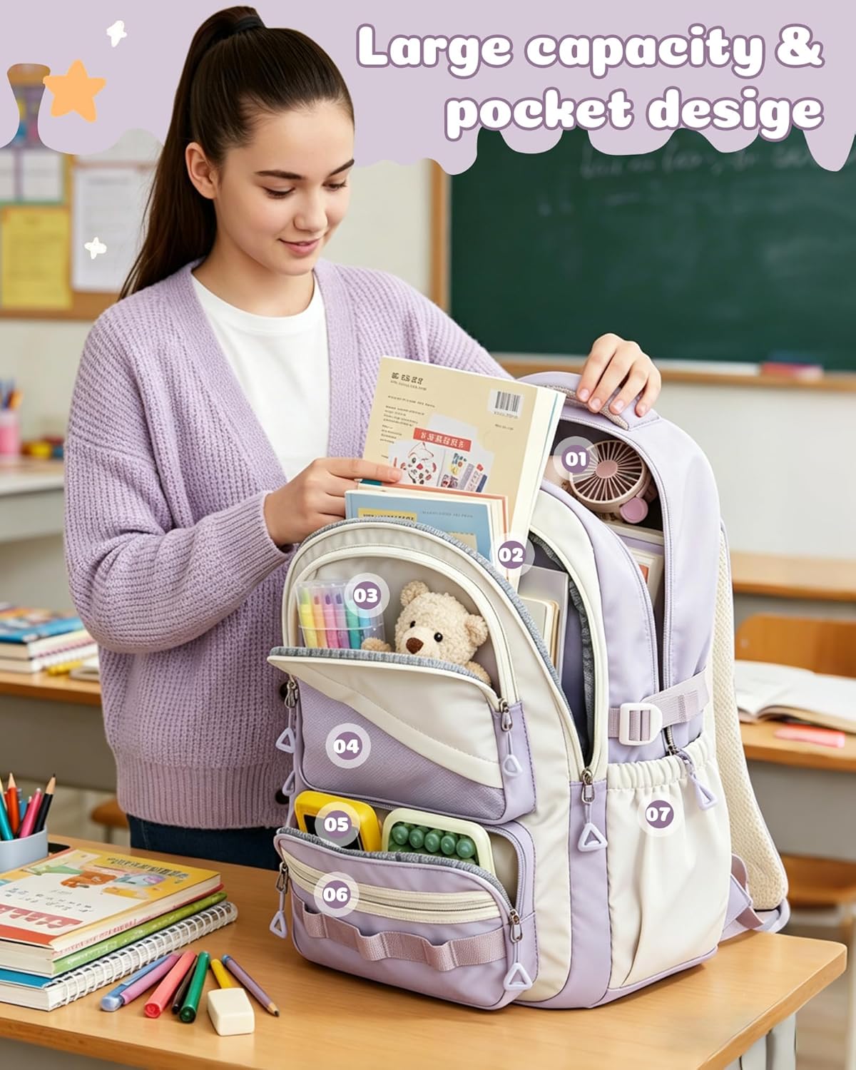 Thumbnail 2 de Schulrucksack Mädchen Lila Teenager – Ästhetischer Rucksack Violett Pastell mit Transparentem Fach