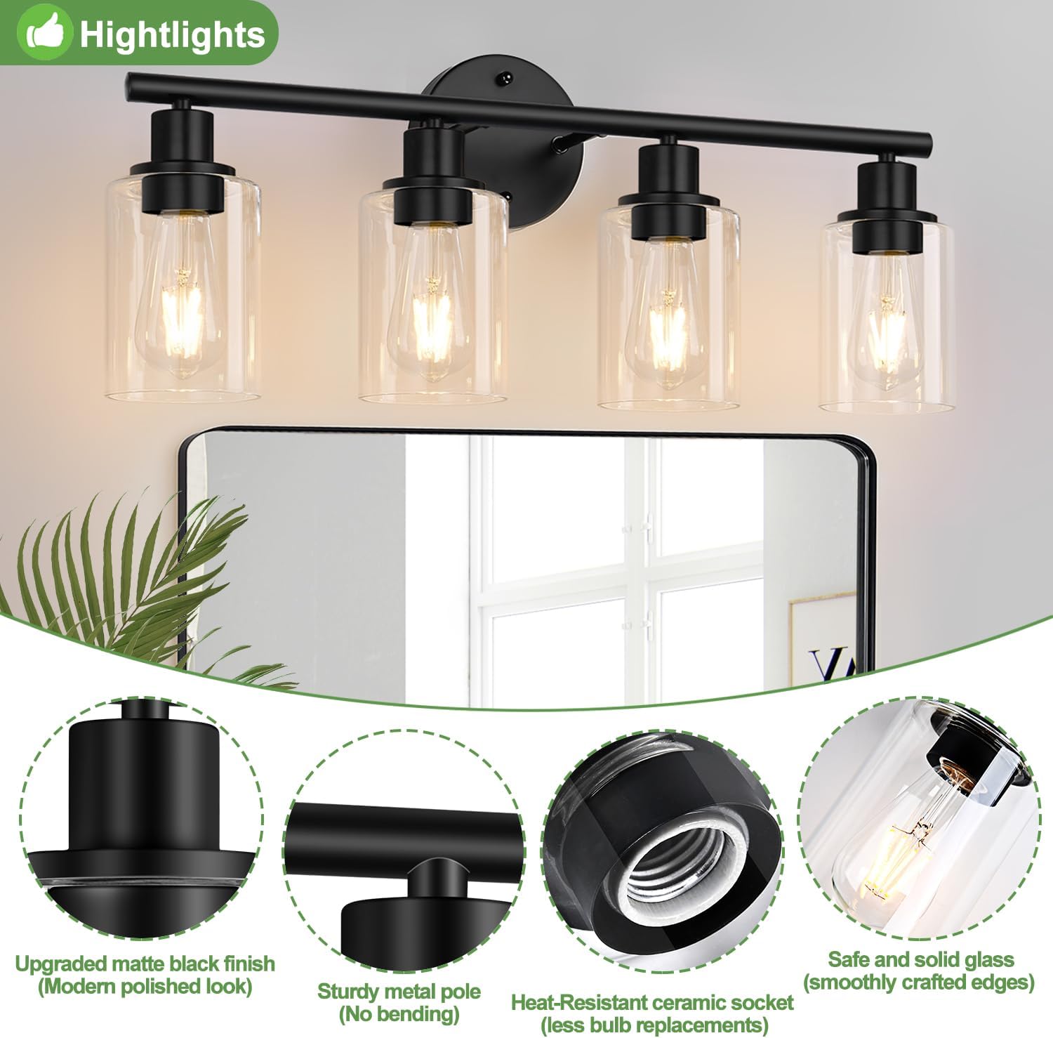 Detalle de Zarbitta Matte Black Vanity Light with Clear Glass Shades, Reversible Mounting
