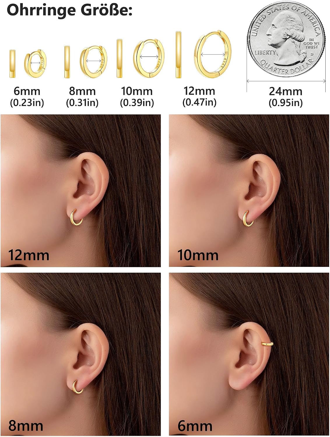 Detalle de Silvora Kleine Creolen aus 925 Sterling Silber (8 mm, auch andere Größen) – Huggie/Schläfer Ohrringe für Damen & Herren