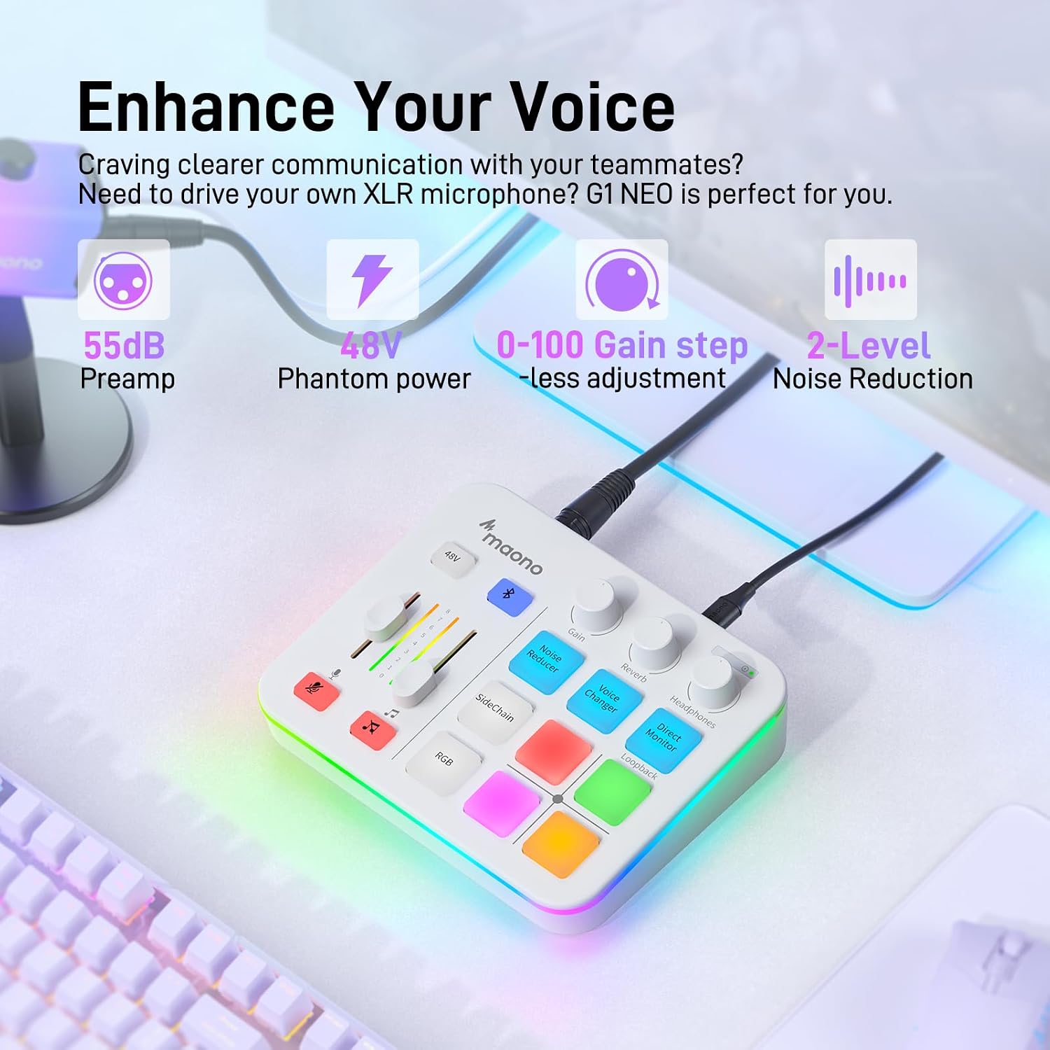 Detalle de MAONO G1 NEO White Gaming Audio Mixer with XLR, 48V and RGB