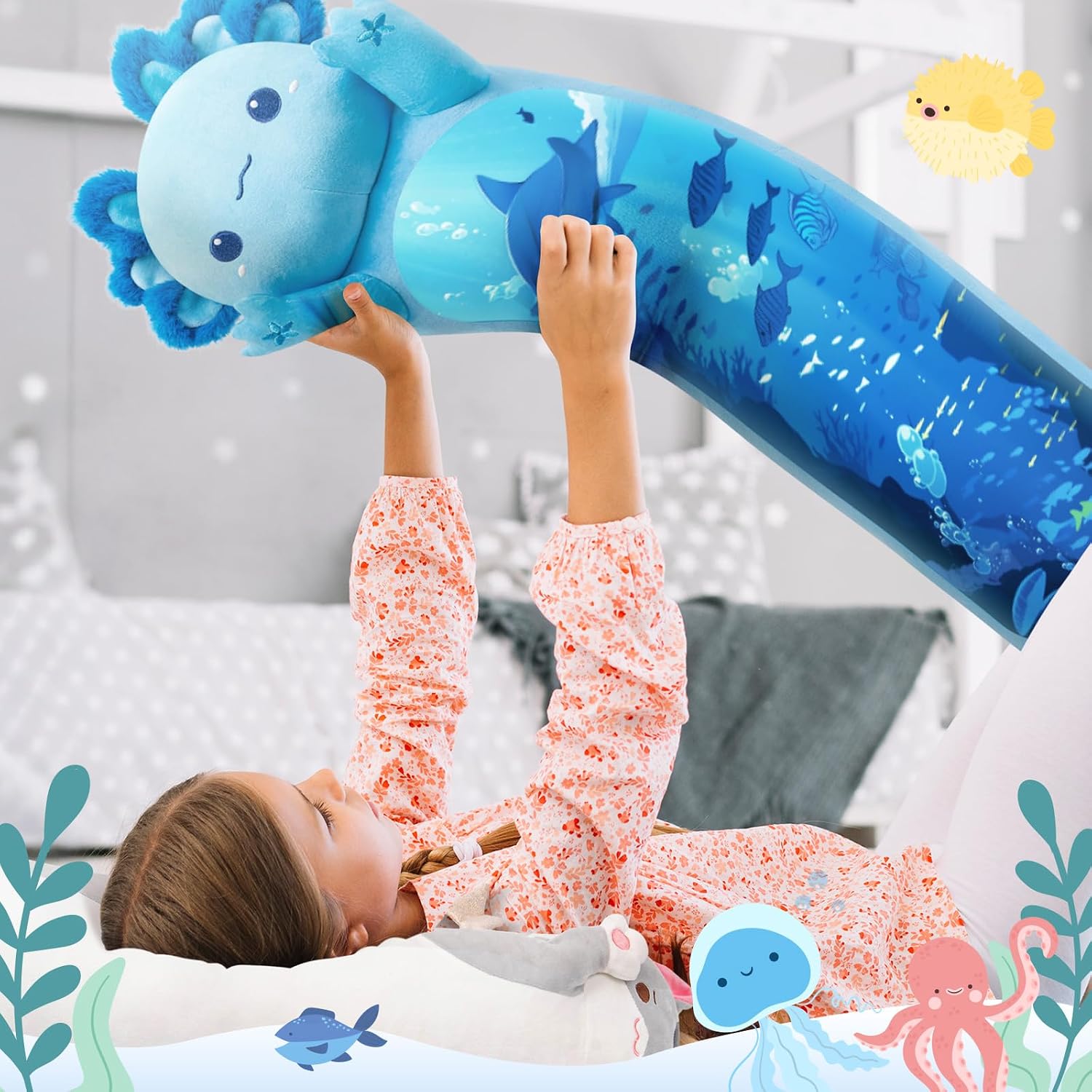 Detalle de Mewaii Long Body Plush Cute Blue Axolotl 20 Inch – soft cuddly long-body pillow doll for kids and adults
