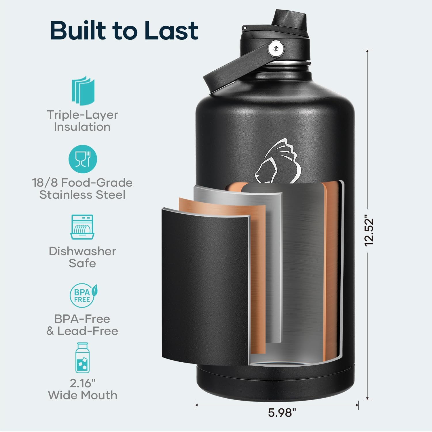 Detalle 2 de BUZIO 1 Gallon Water Jug with Straw Handle Lid – 128oz Stainless Steel Insulated Bottle