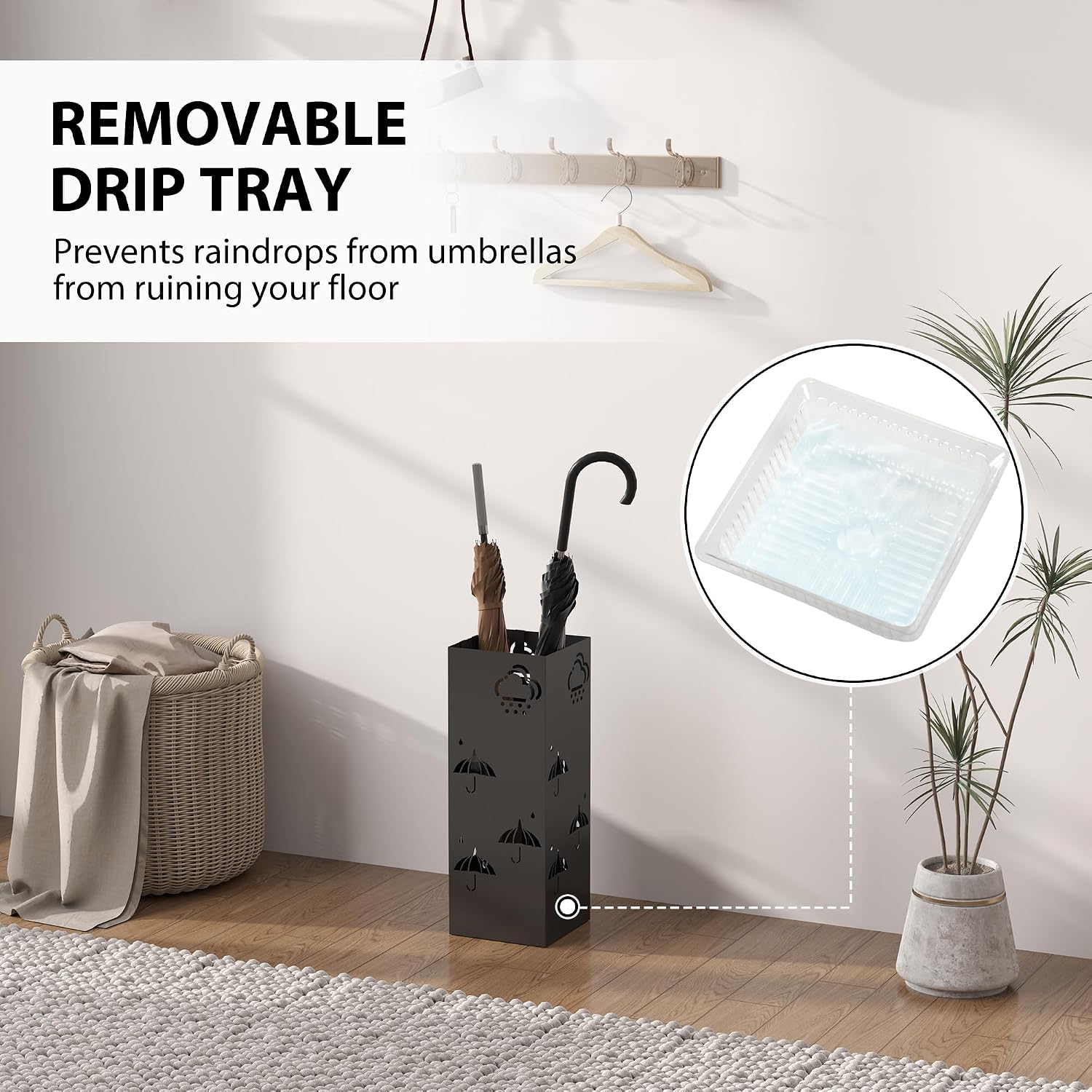 Detalle de HOMCOM 837-550V00BK Metal Umbrella Stand, Black, with Drip Tray and 4 Hooks
