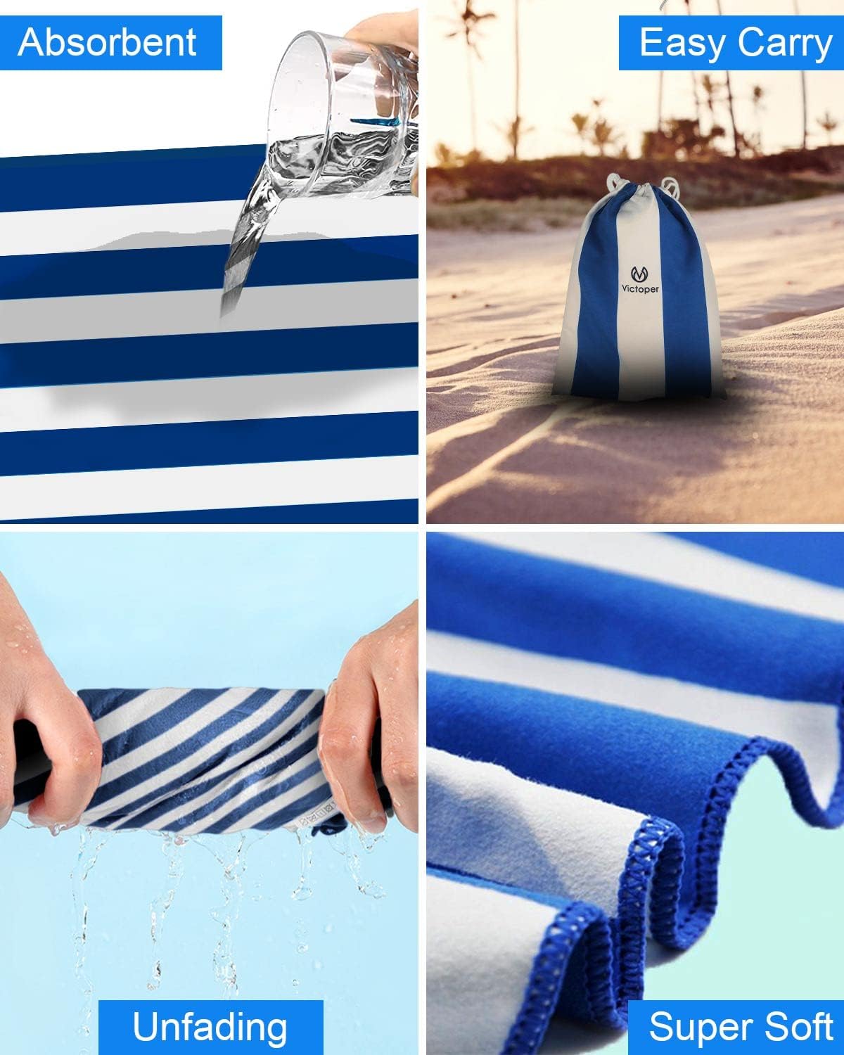 Thumbnail 4 de Victoper Oversized Microfiber Beach Towel with Quick-Dry Sand-Free Technology (63x35 Inch) – Blue Stripes