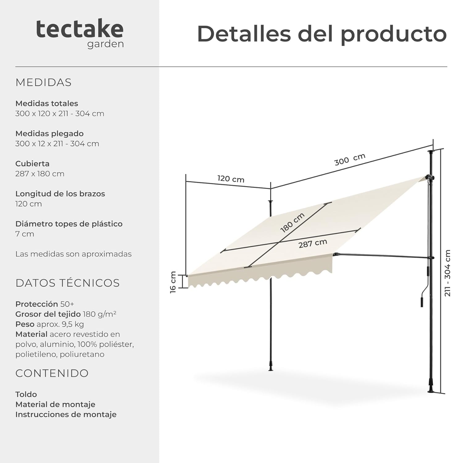 Thumbnail 5 de tectake® Toldo Terraza Manual 300 cm Beige ☀️ Resistente a UV y Agua