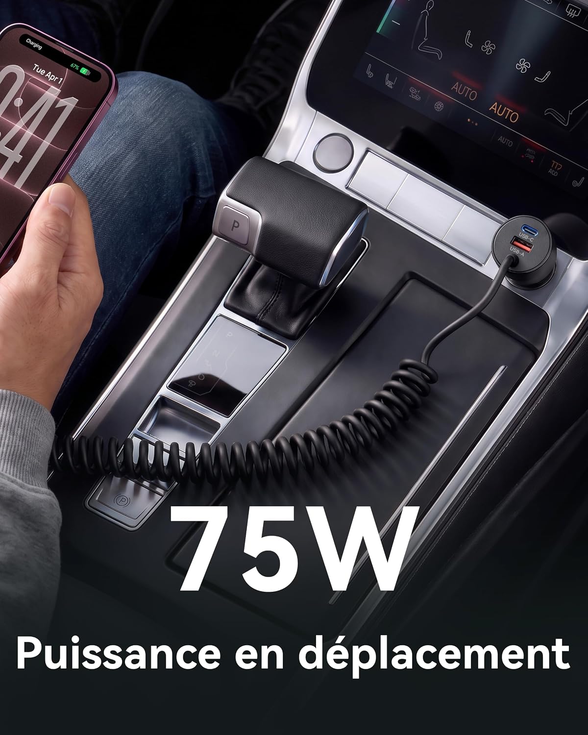 Thumbnail 6 de LUOSIKE 75 W autolader met USB-C-spiraalkabel van 1,2 m en USB-A