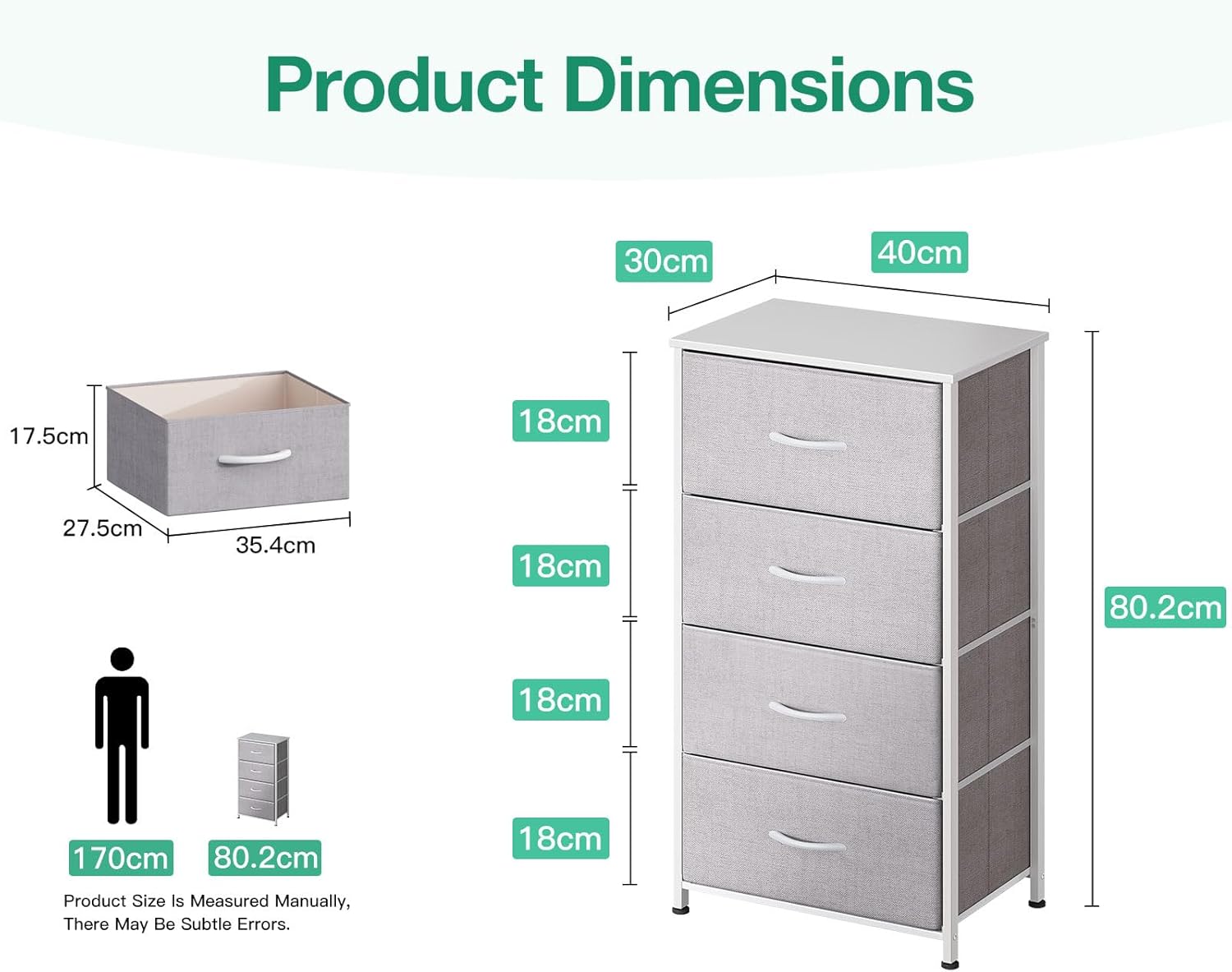 Thumbnail 2 de Coleshome tall chest of drawers (4 fabric drawers) with wooden top, small & narrow unit, light grey, 40 x 30 x 80 cm