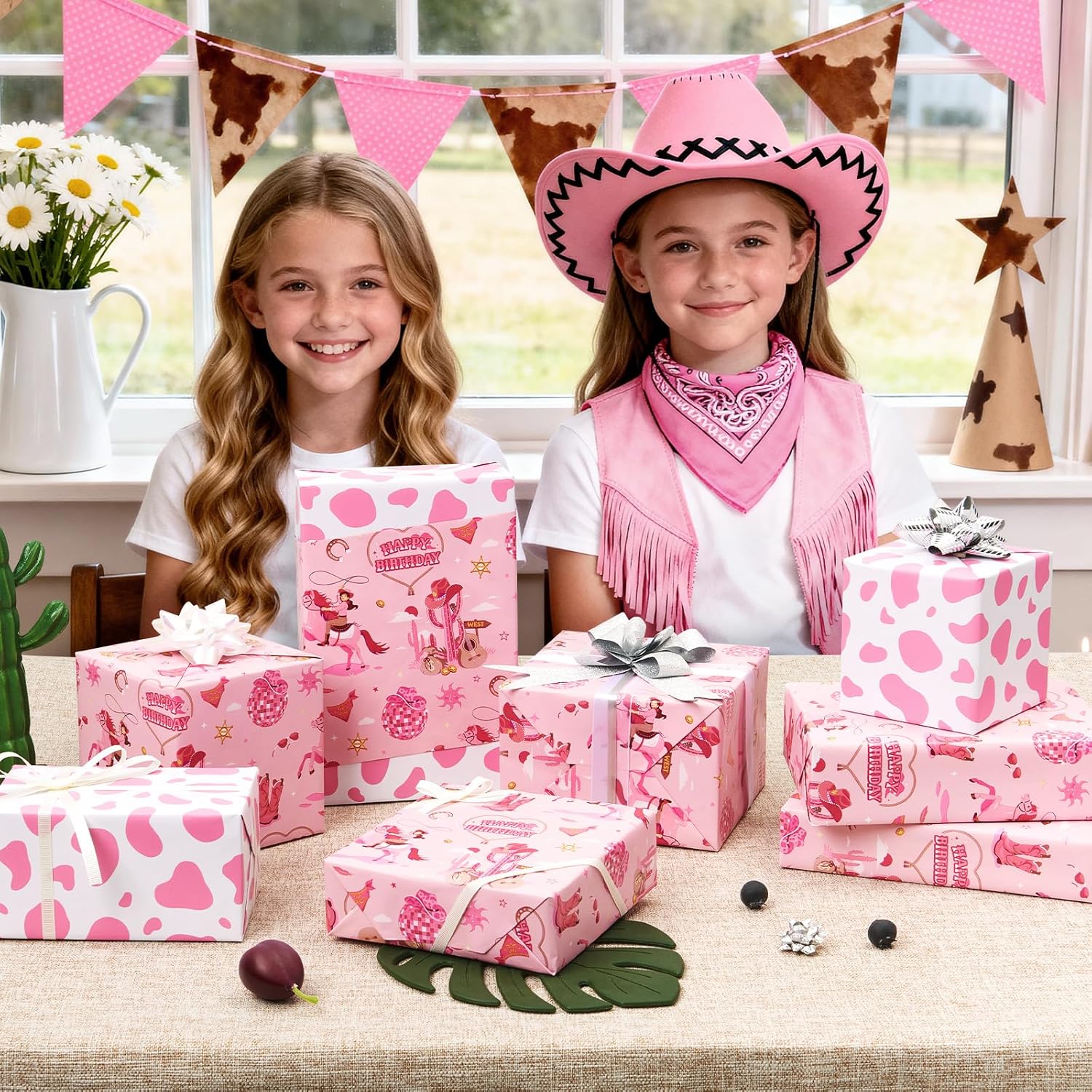 Detalle de WERNNSAI Western Geschenkpapier – 1 Rolle Rosa (43 cm x 5 m) mit Cowgirl- und Kuh-Muster