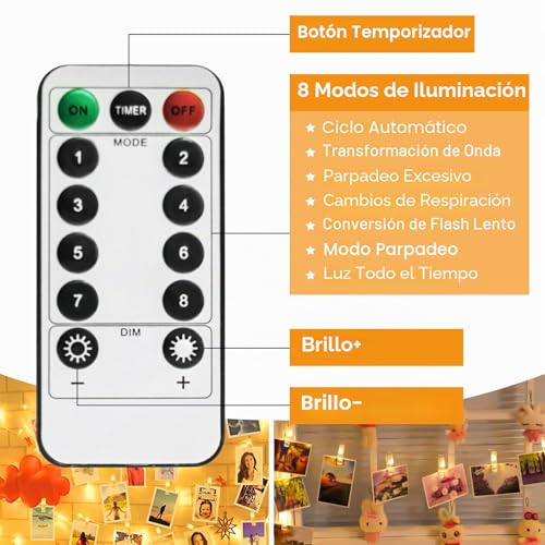 Detalle de CNMTCCO Guirnalda de 100 LEDs con clips para fotos, 10 m, funcionamiento con pilas y control remoto