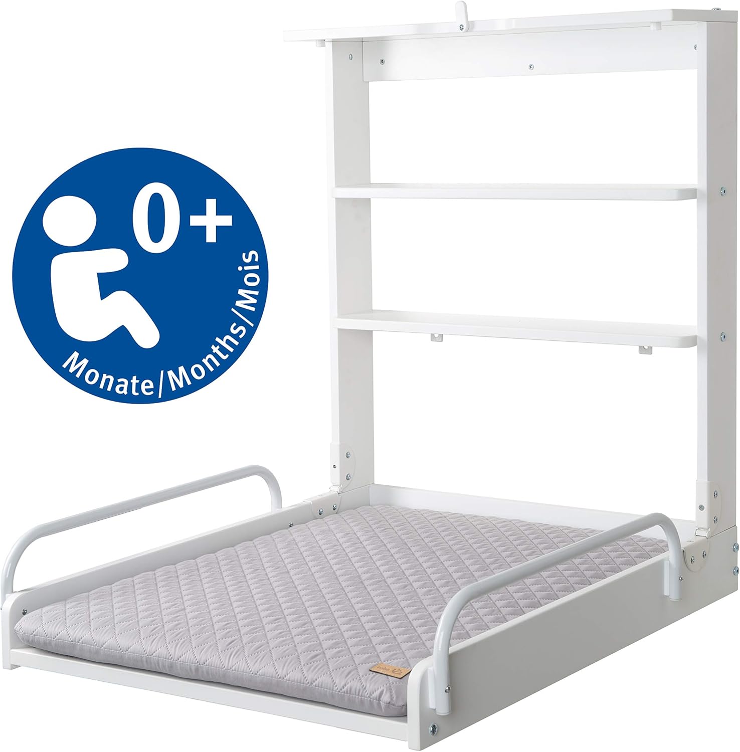 Thumbnail 2 de Roba Table à Langer Murale Rabattable + Matelas à Langer Imperméable – Style Gris Piqué, Bois Laqué Blanc