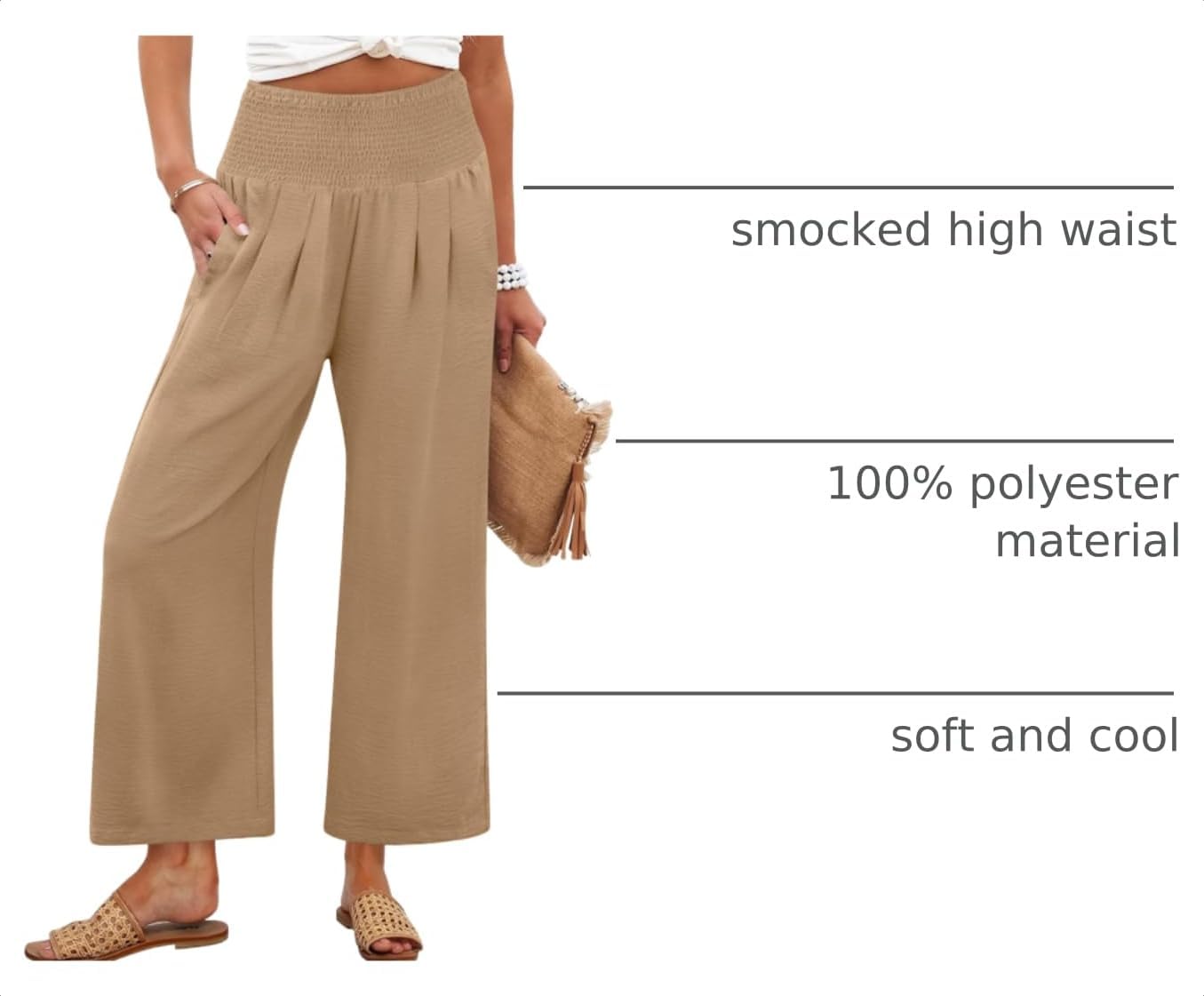 Detalle de ANRABESS Women's Palazzo Pants: Lightweight High-Waisted Wide-Leg Beach/Casual Trousers