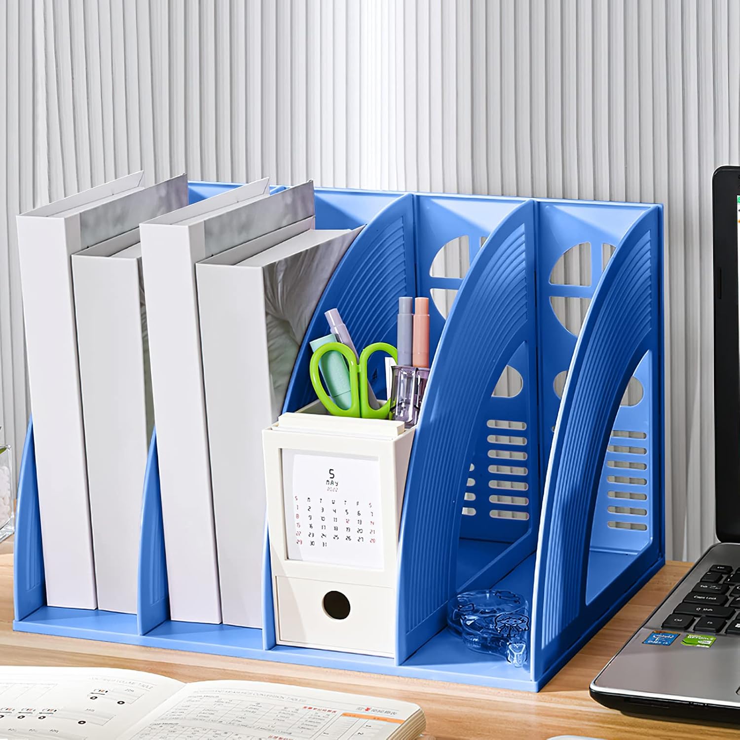 Detalle 2 de SAYEEC Schreibtisch-Organizer mit 4 Fächern für Zeitschriften und Dokumente, blau