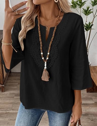 Detalle de Rapbin Women's 3/4 Sleeve Cotton-Linen Blouse