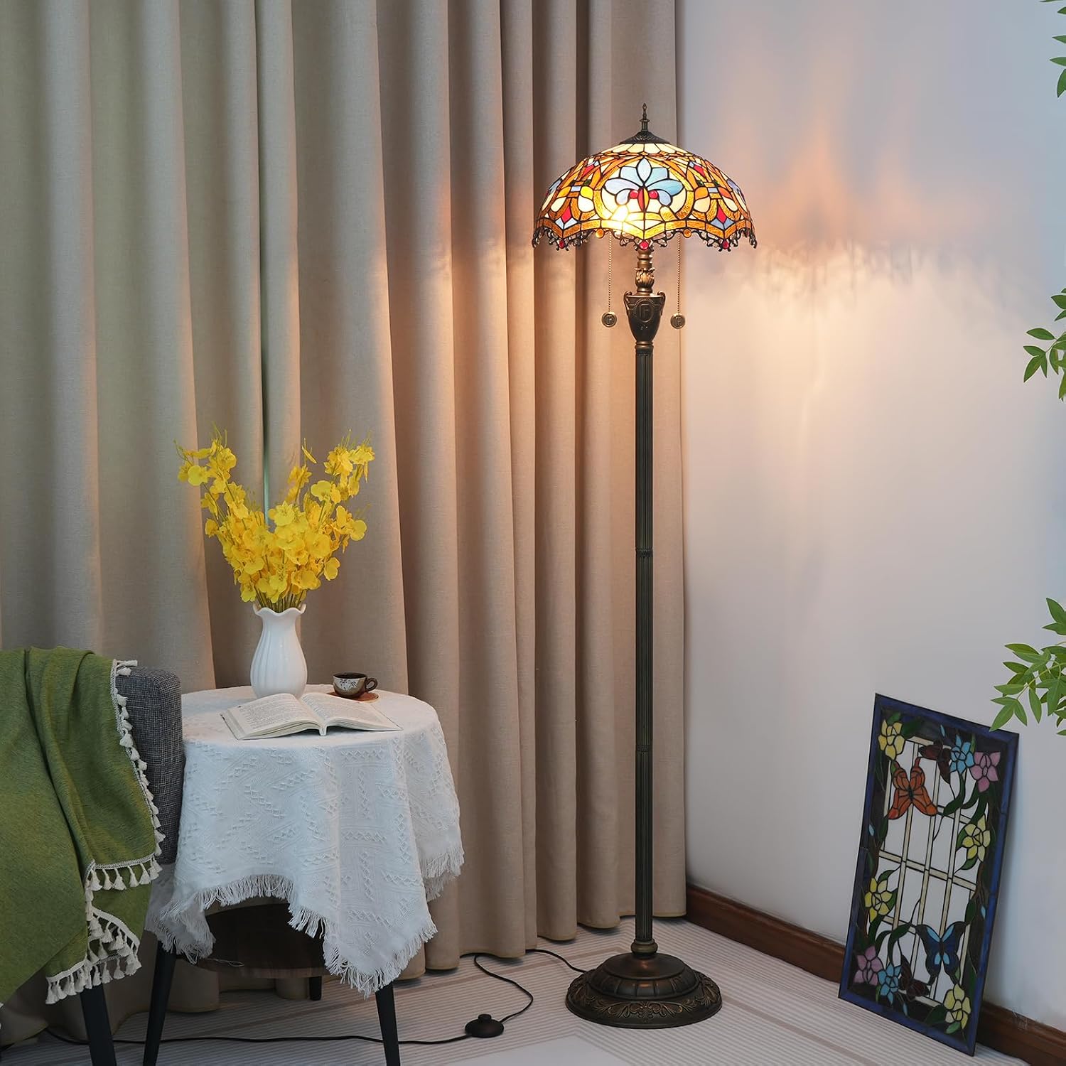 Detalle de Blivuself Tiffany Stehlampe – Buntglas, Vintage Bronze, E27 Doppel-Lichtquelle