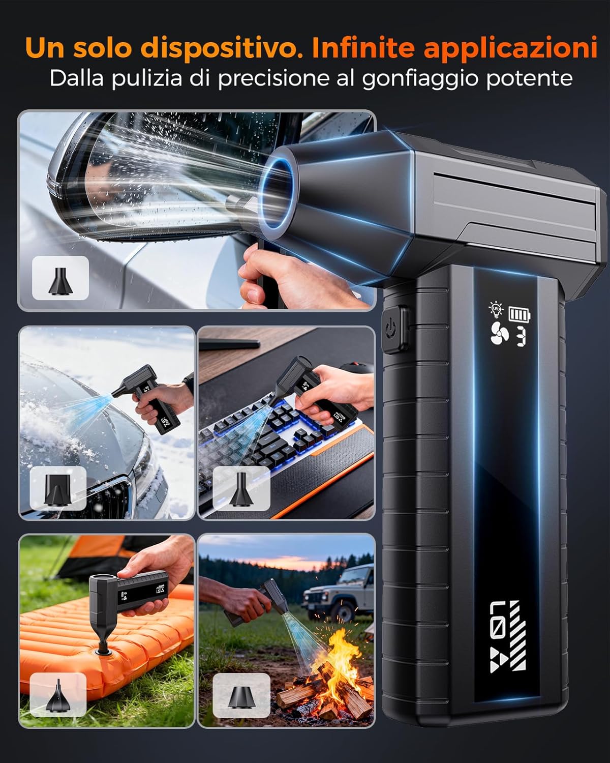 Detalle de Nevoke Soffiatore a Batteria – Mini soffiatore aria con Display Intelligente e LED