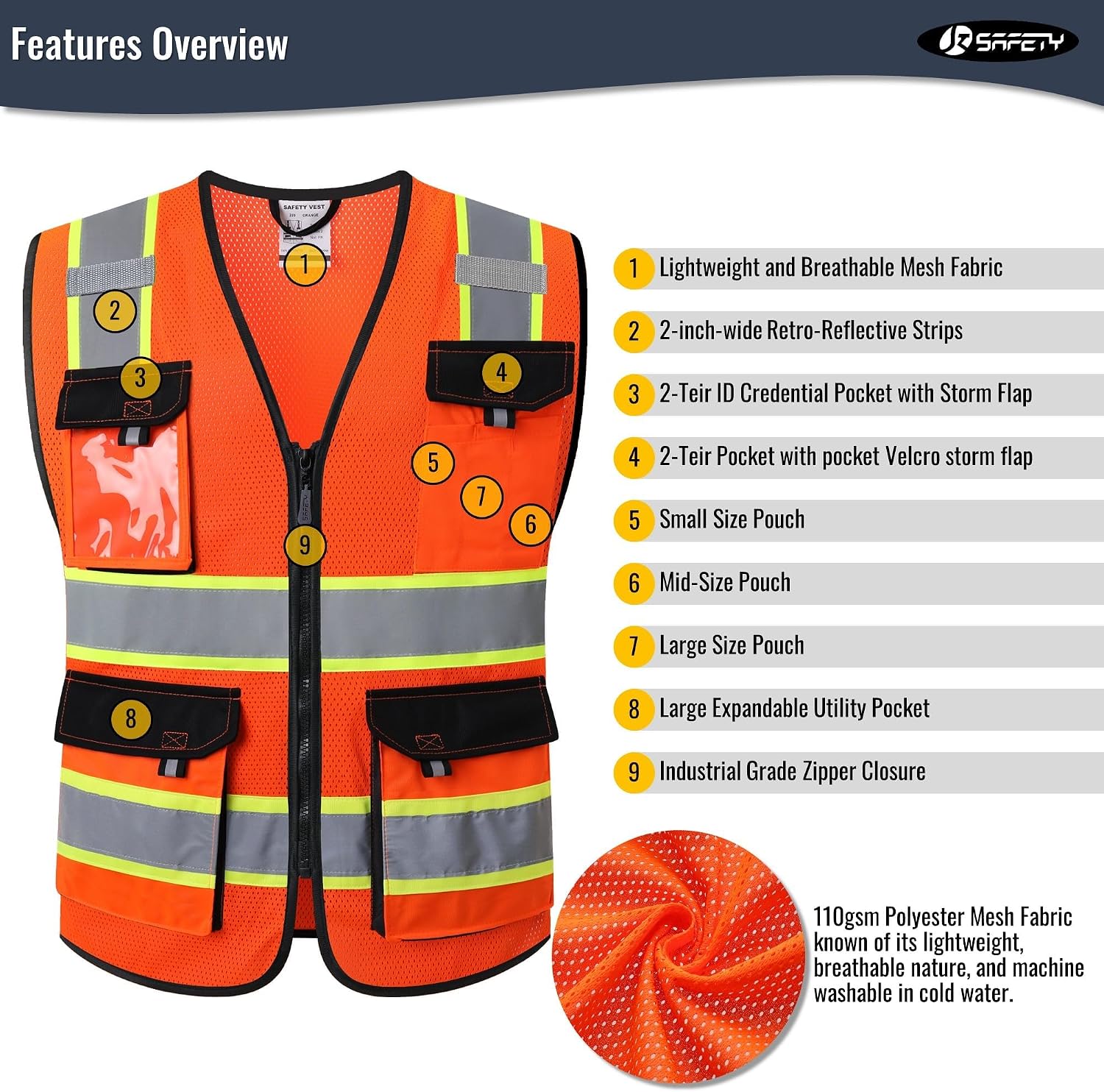 Detalle de JKSafety JK220 Safety Vest, Orange Small Mesh with Reflective Strips and Pockets