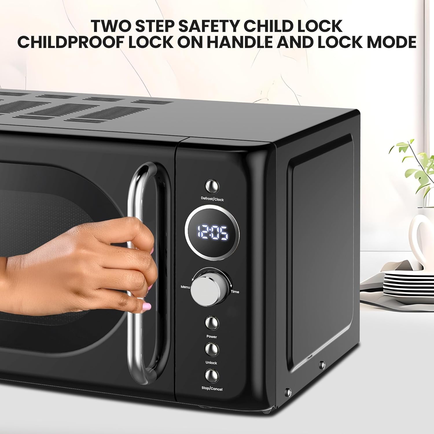 Detalle de Koolatron Total Chef Retro Microwave Oven 20L, 700W (Black) — Digital LED, 8 Preset Modes