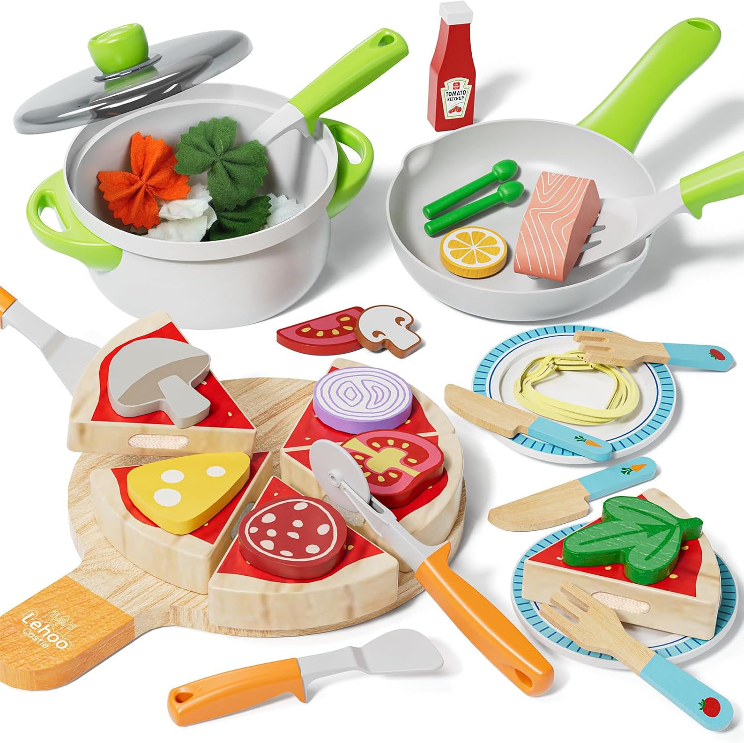 Detalle de Lehoo Castle Wooden Play Food — Pizza & Pasta Toy Set for Kids