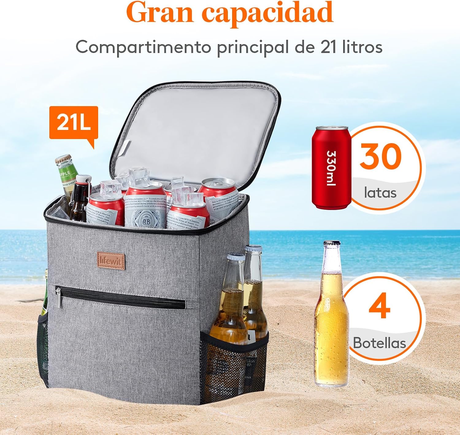 Thumbnail 1 de Lifewit Mochila Nevera 24L (hasta 30 latas) gris: térmica portátil para playa, picnic y trabajo