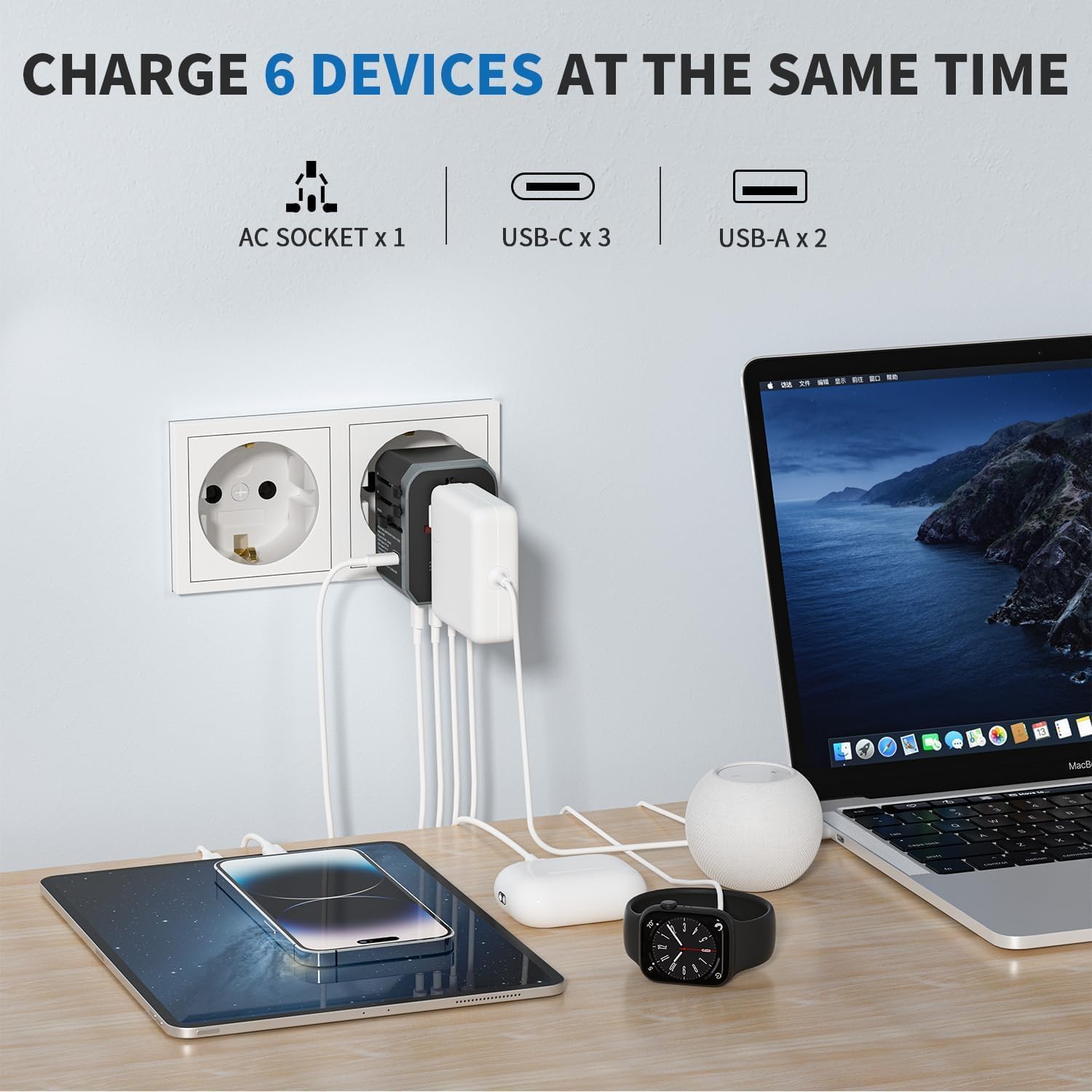Detalle de EPICKA Adattatore Universale da Viaggio 30W: 6in1 con USB-C e USB-A, spina per oltre 200 paesi