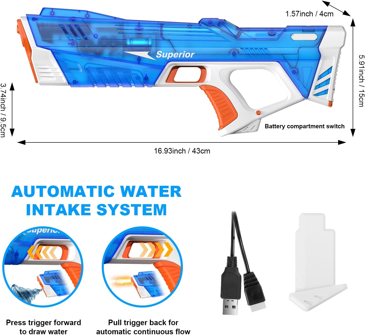 Detalle de Electric Water Gun for Kids with LED Muzzle – 8–10m Range, USB Rechargeable