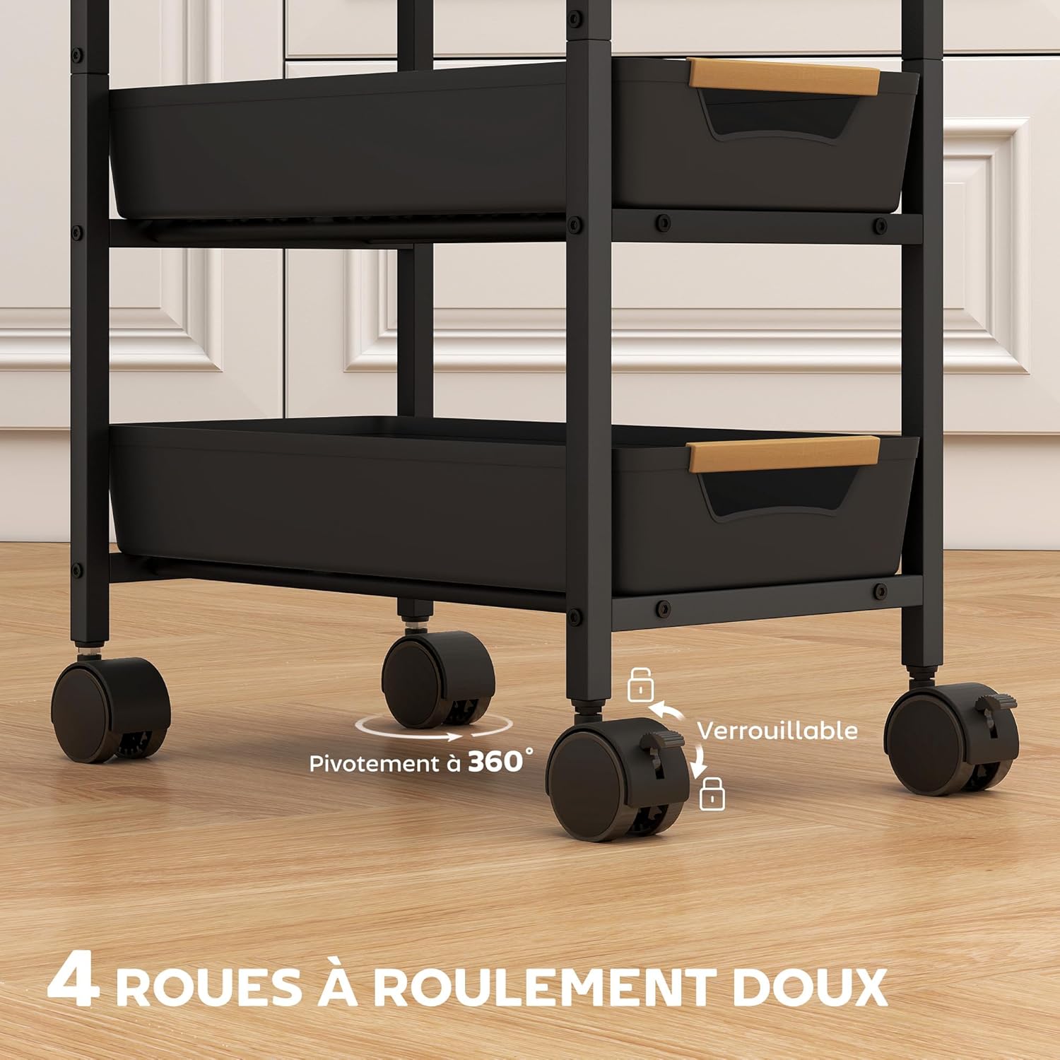 Detalle 2 de HOMCOM Desserte Cuisine 5 Niveaux – Chariot de Service à roulettes, 4 tiroirs, étagère de Rangement, noir