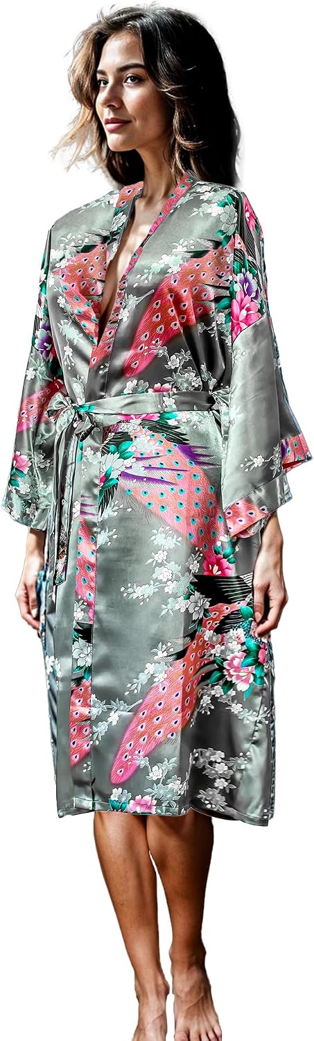 CCcollections Long Kimono Robe for Women’s – Premium Peacock Long Bridesmaid Robe