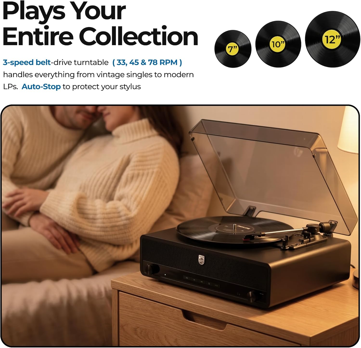Thumbnail 2 de Philips All-in-One Bluetooth Turntable Record Player with Built-In Speakers (3-Speed, Audio-Technica Stylus)