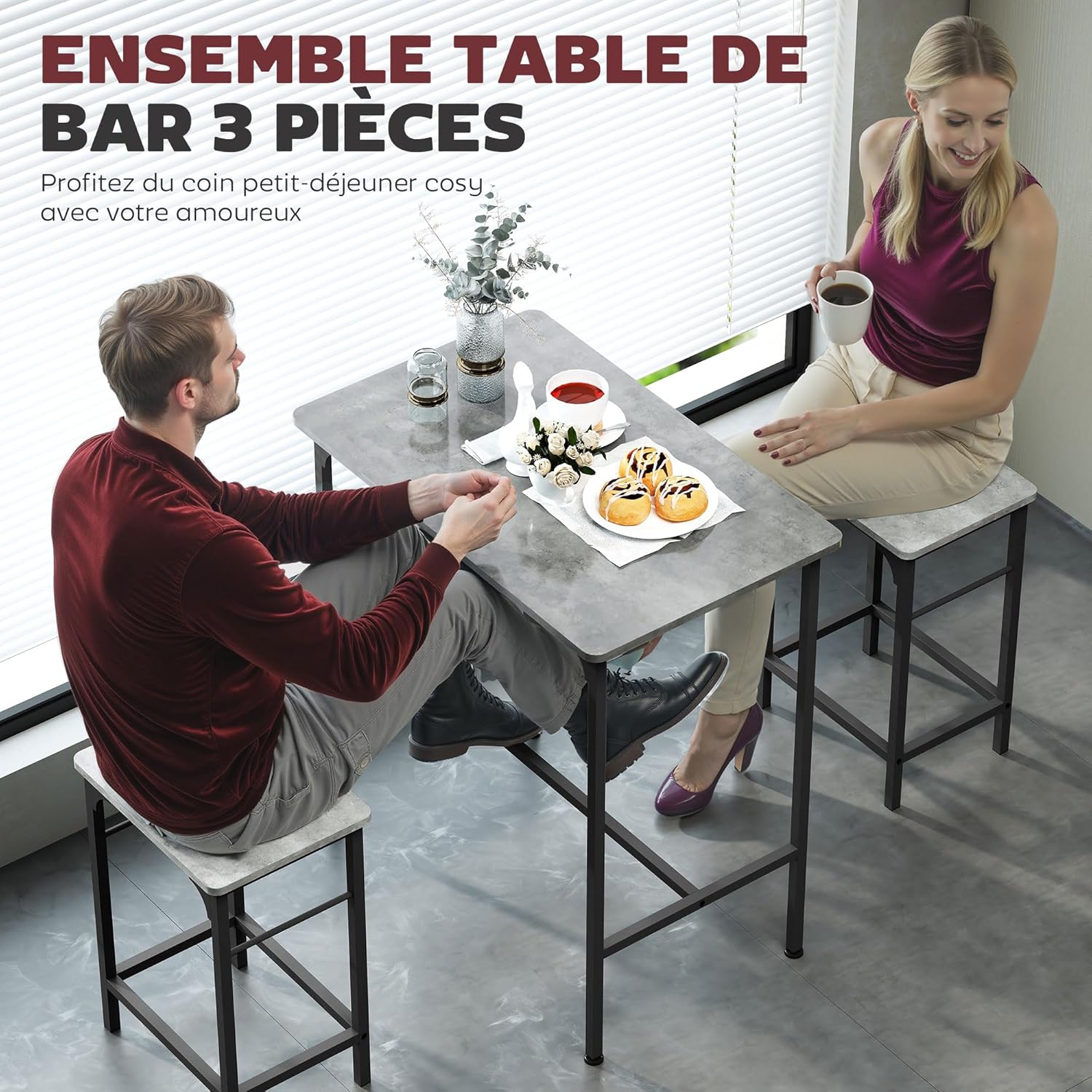 Thumbnail 2 de HOMCOM Table de Bar 2 tabourets Gris