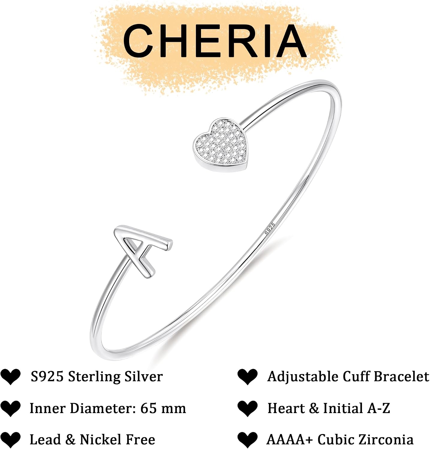 Thumbnail 4 de Cheria Sterling Silver Initial Bracelet for Women – Personalised Heart Accent, Adjustable Cuff