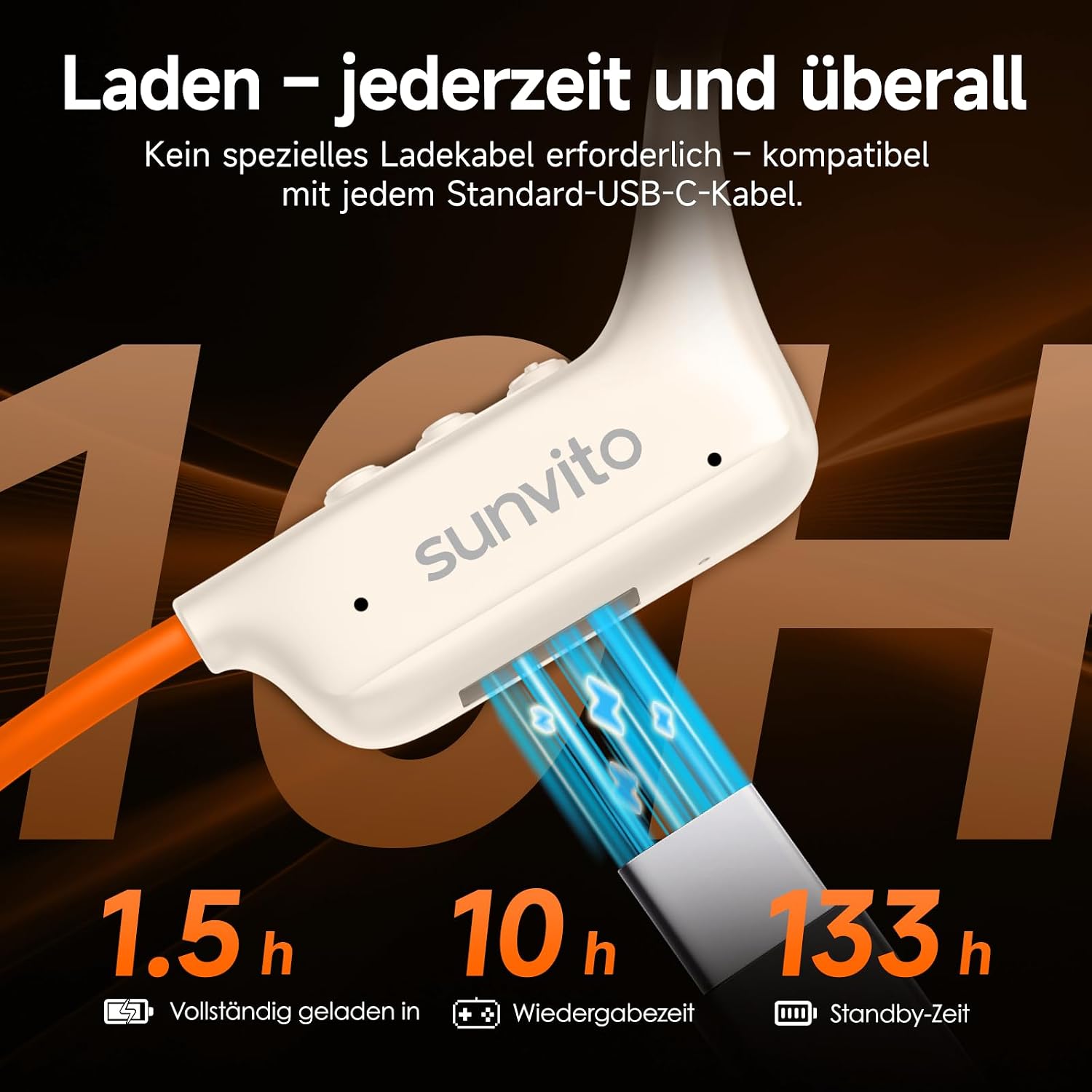 Thumbnail 5 de Sunvito Knochenleitung Kopfhörer Bluetooth 6.1 – Open-Ear, IPX7, 10 Std. Lauf-Headphones (Orange)