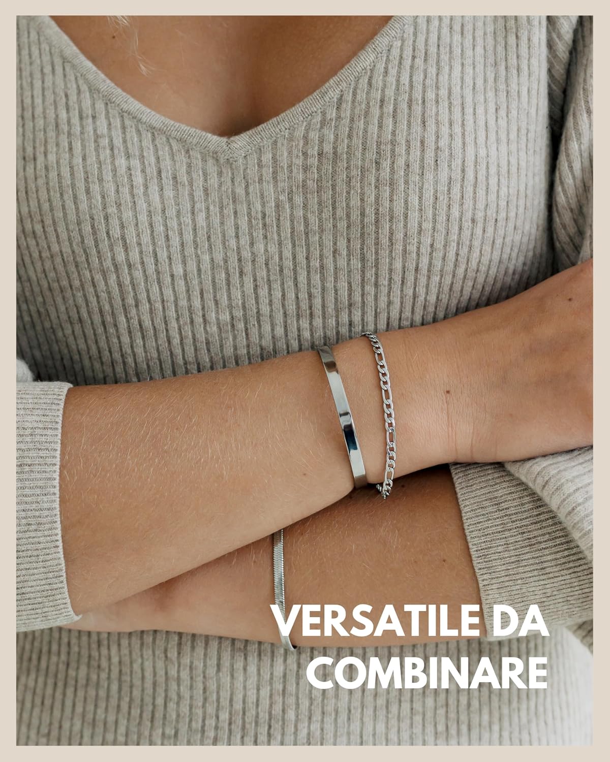 Detalle de Set di 3 bracciali da donna in acciaio 316L regolabili (oro, argento o oro rosa) con bracciale a serpente, a maglie e rigido