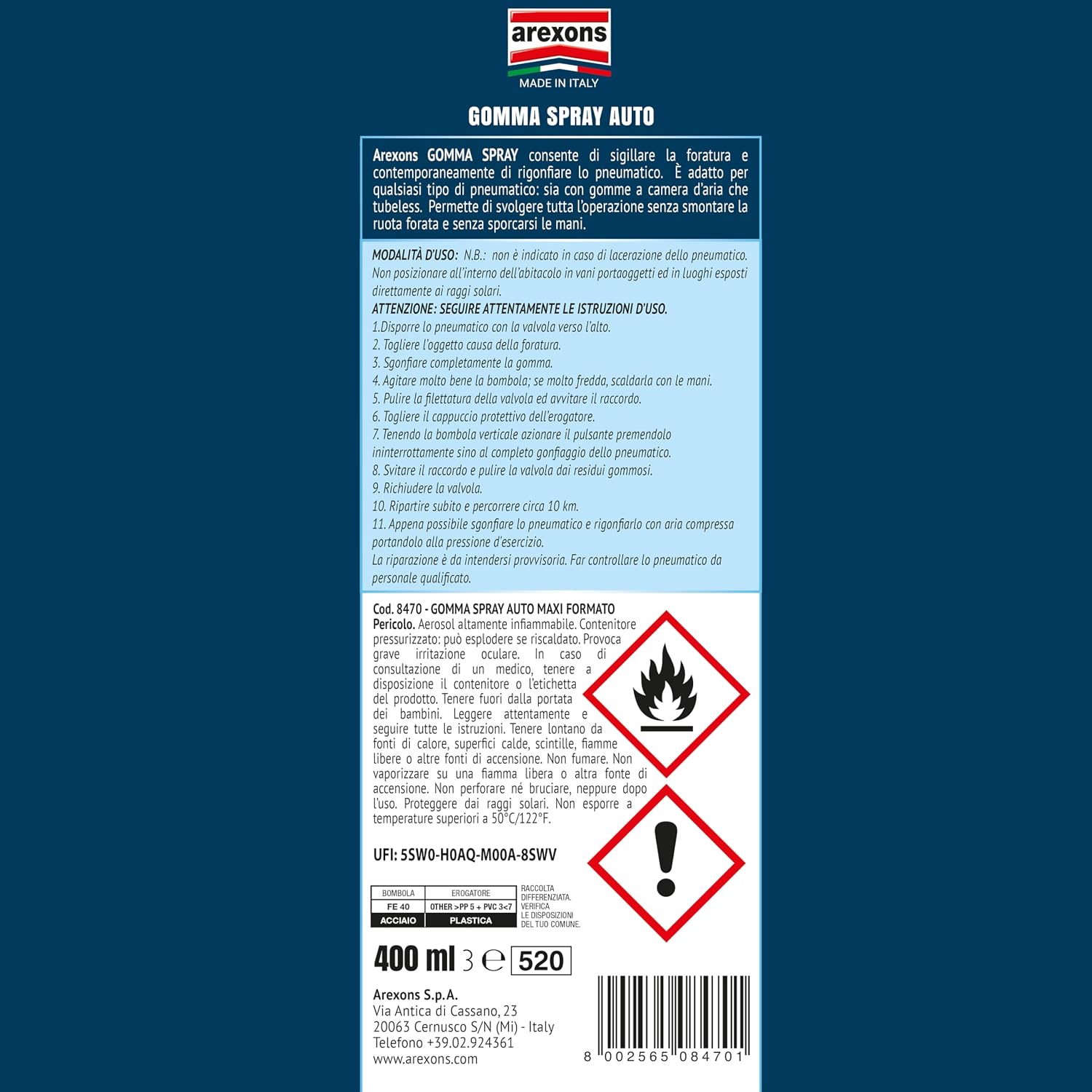 Detalle 2 de AREXONS 8470 Gomma Spray Maxi 400 ml: sigilla e rigonfia pneumatici senza smontare