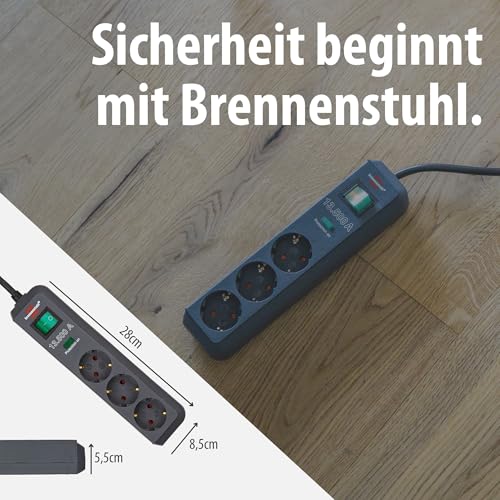 Detalle de Brennenstuhl Eco-Line 3er-Steckdosenleiste mit Überspannungsschutz – 1,5 m Kabel, beleuchteter Schalter