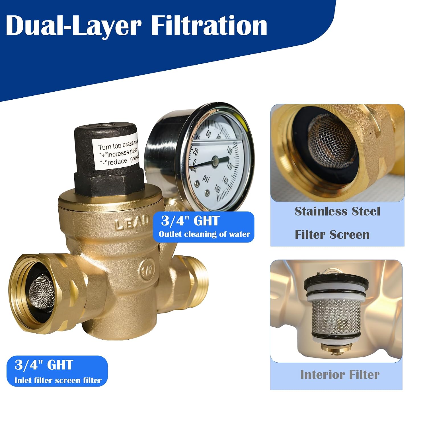 Detalle de Hourleey RV Water Pressure Regulator Valve with Gauge and Inlet Screened Filter