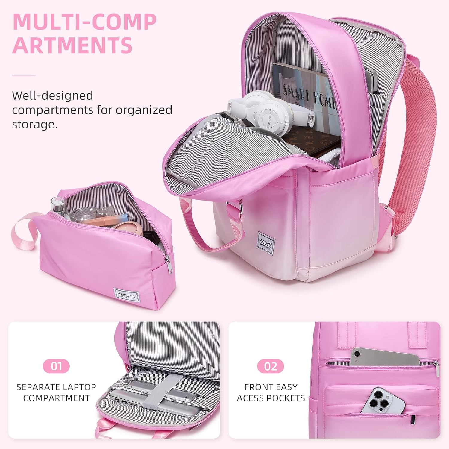 Thumbnail 2 de LARVENDER Carry-On Luggage 22x14x9 with Wheels, TSA Lock — 3-Piece Set (Peach Sparkling)