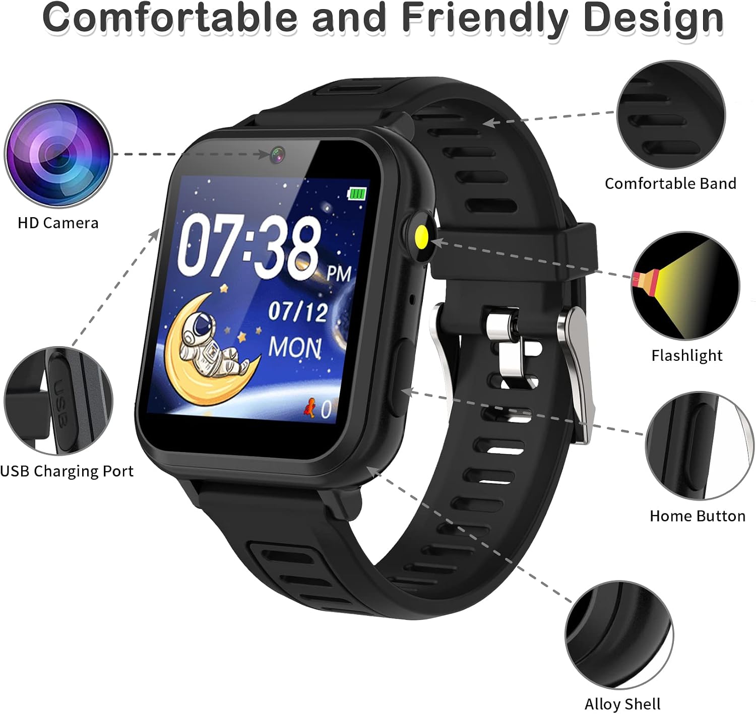 Detalle 2 de Phyulls Smart Watch for Kids (Black) with Selfie-Cam, 39 Games, Camera/Video, Alarm & Calculator