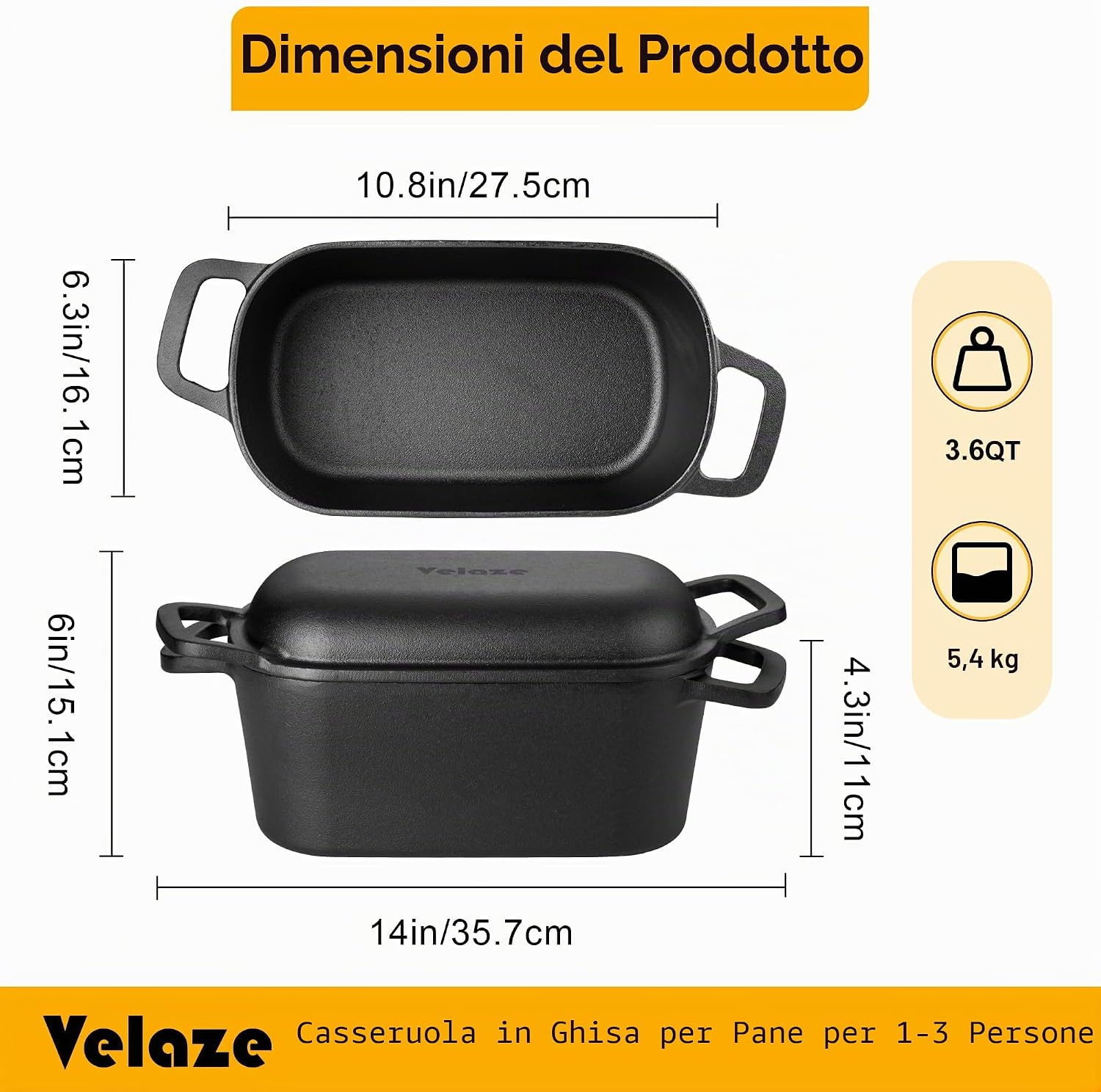 Thumbnail 1 de Velaze Pentola in Ghisa per Pane 3.4L – Casseruola Rettangolare 27x15 cm con Coperchio e Smalto Cremona, Induzione