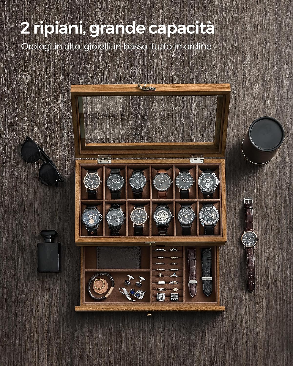 Detalle de SONGMICS Porta Orologi a 12 Scomparti con 2 Livelli, Coperchio in Vetro e Cuscinetti in Velluto – Noce Rustico JOW012K01