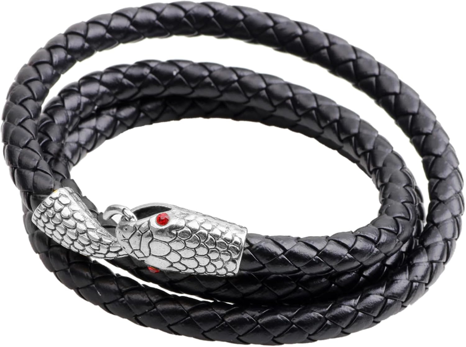 Detalle de JewelryWe Herren Armband Gotik Edelstahl Schlange – Geflochtenes Lederarmband, Schwarz Braun Blau Silber