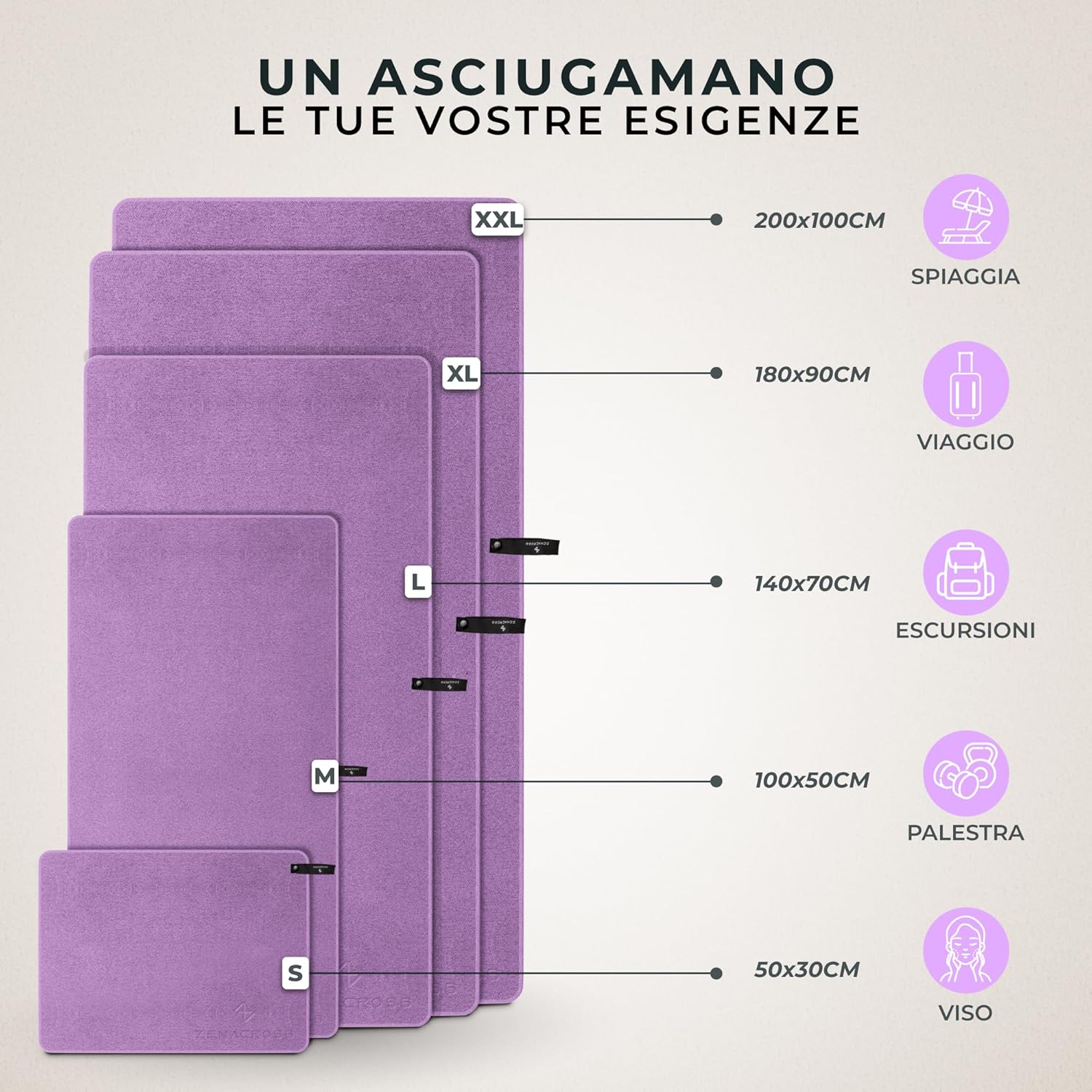 Detalle de Zenacross Asciugamano Palestra 100x200 cm Viola con Borsa per il Trasporto — Microfibra ad Asciugatura Rapida, XXL
