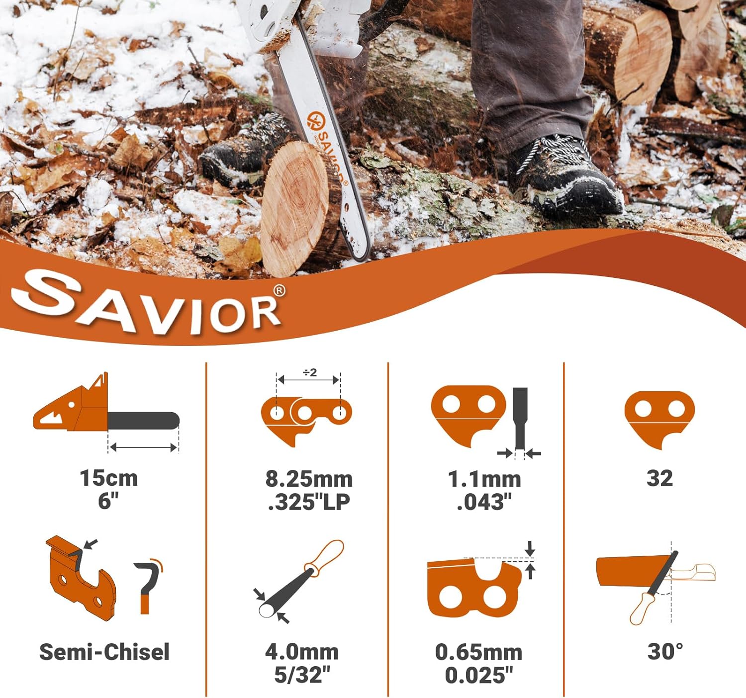 Thumbnail 1 de SAVIOR 3 x 15 cm Sägekette kompatibel mit Bosch EasyChain 18V-15-7 / Makita DUC150Z (1,1 mm, .325" LP, 32 Treibglieder) – Ersatzkette im 3er-Pack