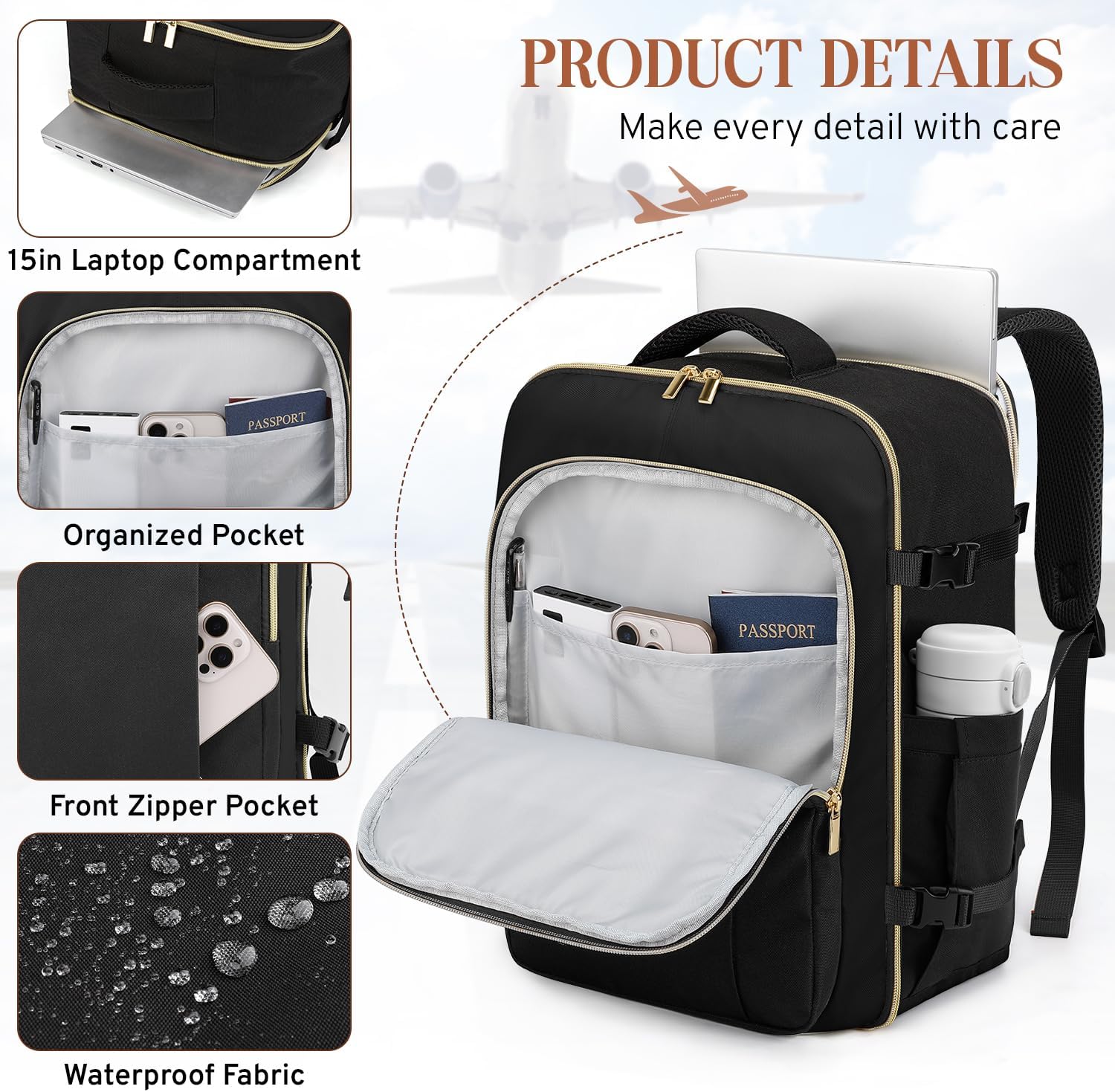 Detalle de ETRONIK for Ryanair cabin bag 40x30x20 underseat 24L (15 inch laptop) – black