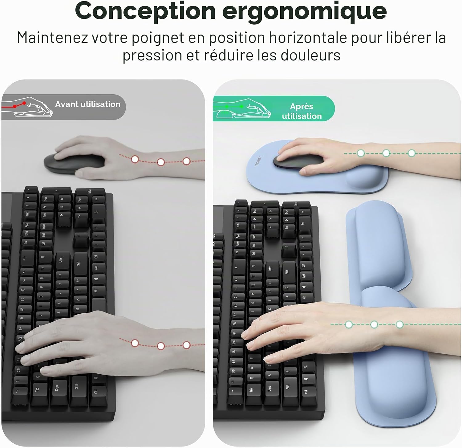 Detalle de TECKNET Tapis de Souris et Repose-Poignet Clavier – Tapis ergonomique en mousse à mémoire, antidérapant et pliable