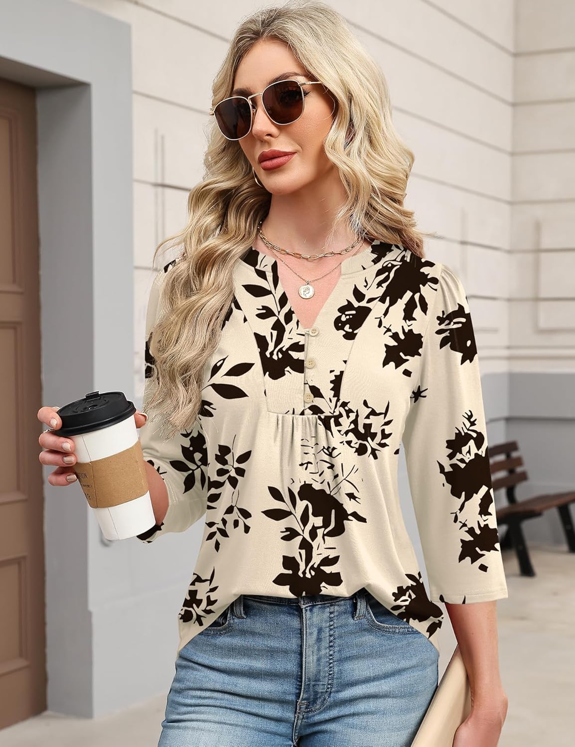 Thumbnail 3 de IECCP 3/4 Sleeve Pleated Henley V-Neck Top