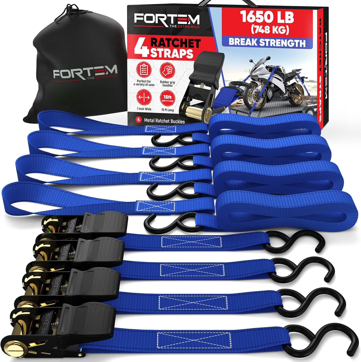Detalle de FORTEM Ratchet Straps Tie Down Kit (4-Pack) – 748kg break strength, 4.6m x 2.54cm