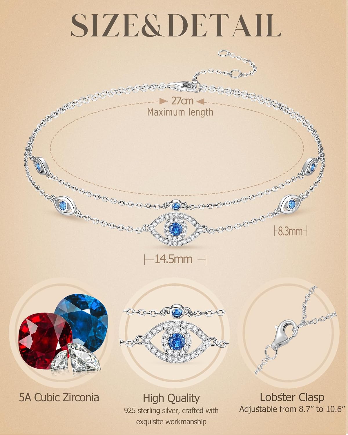 Detalle de FANCIME 925 Sterling Silver Evil Eye Anklet — Adjustable Beaded Chain, Turkish Beach Jewellery